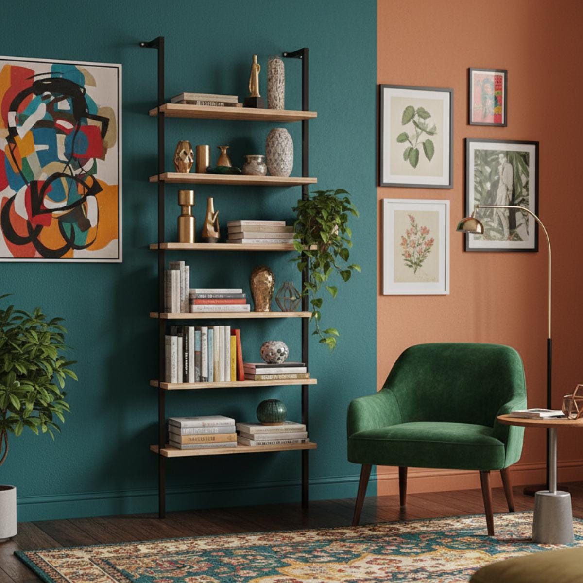 Wall mounted ladder bookshelf wood metal shelves minimalist design