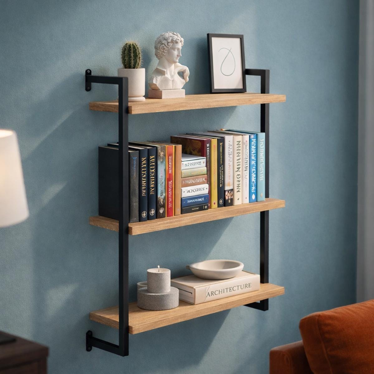 Wall mounted shelf wood metal 3 tier modern wall storage unit
