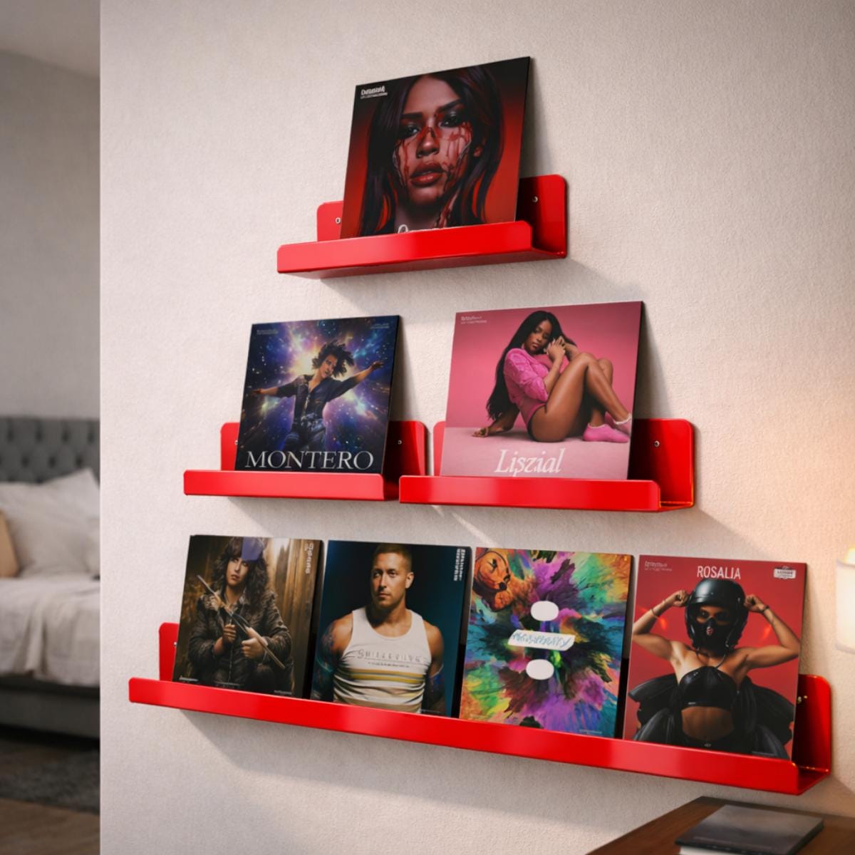 Wall mounted vinyl record shelf metal album display