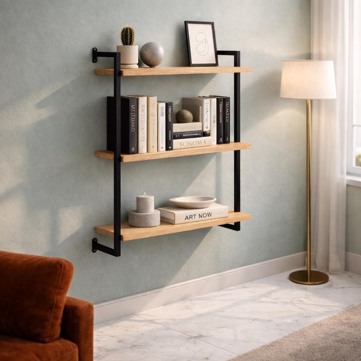 Wall shelf wood metal 3 tier modern home decor storage