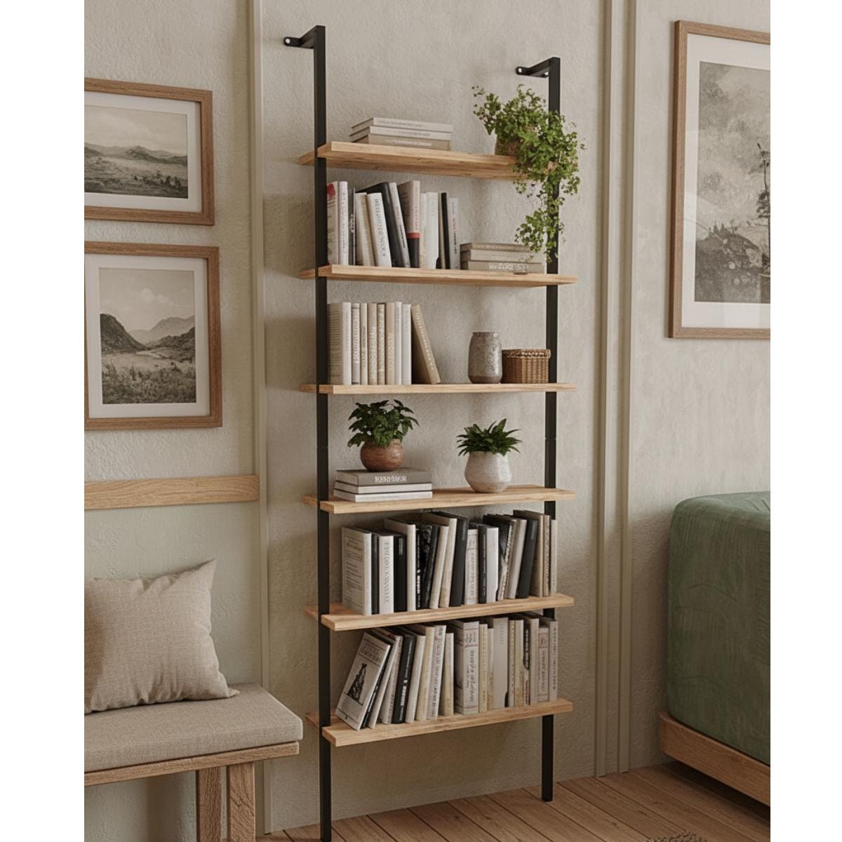 Wall shelving unit wood metal ladder design for home decor