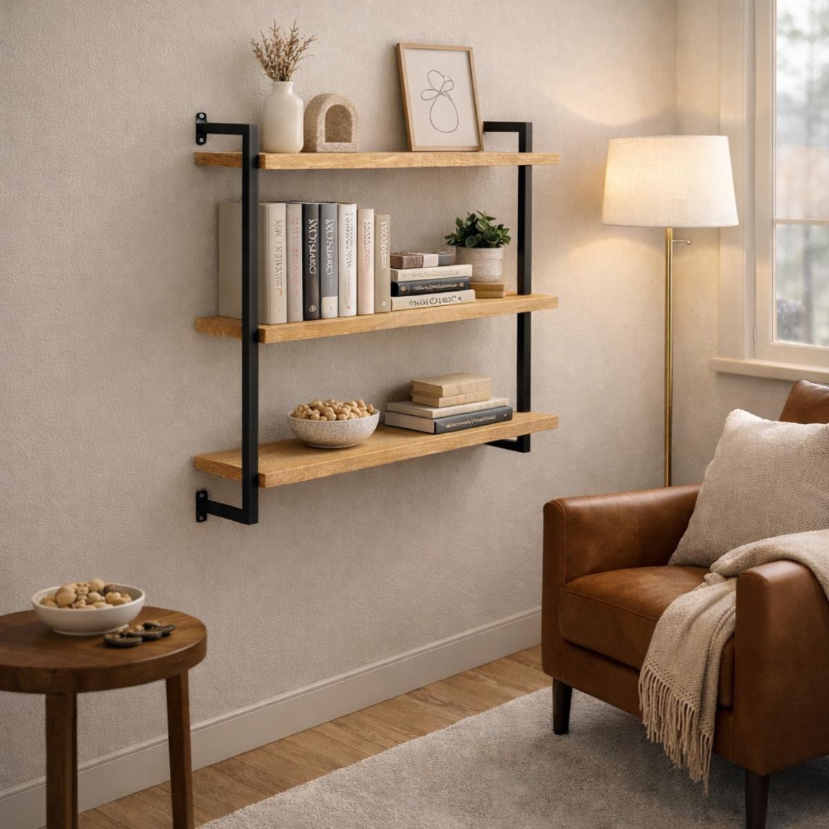 Wood metal wall shelf 3 tier storage for books and decor