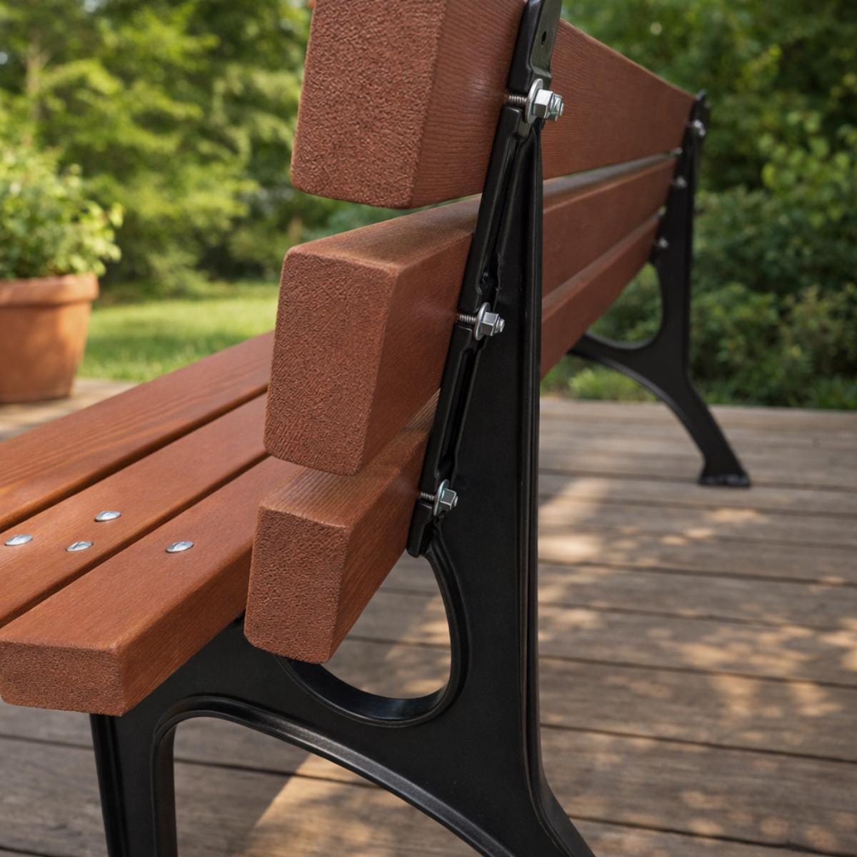 Wood slat bench metal legs outdoor garden seating