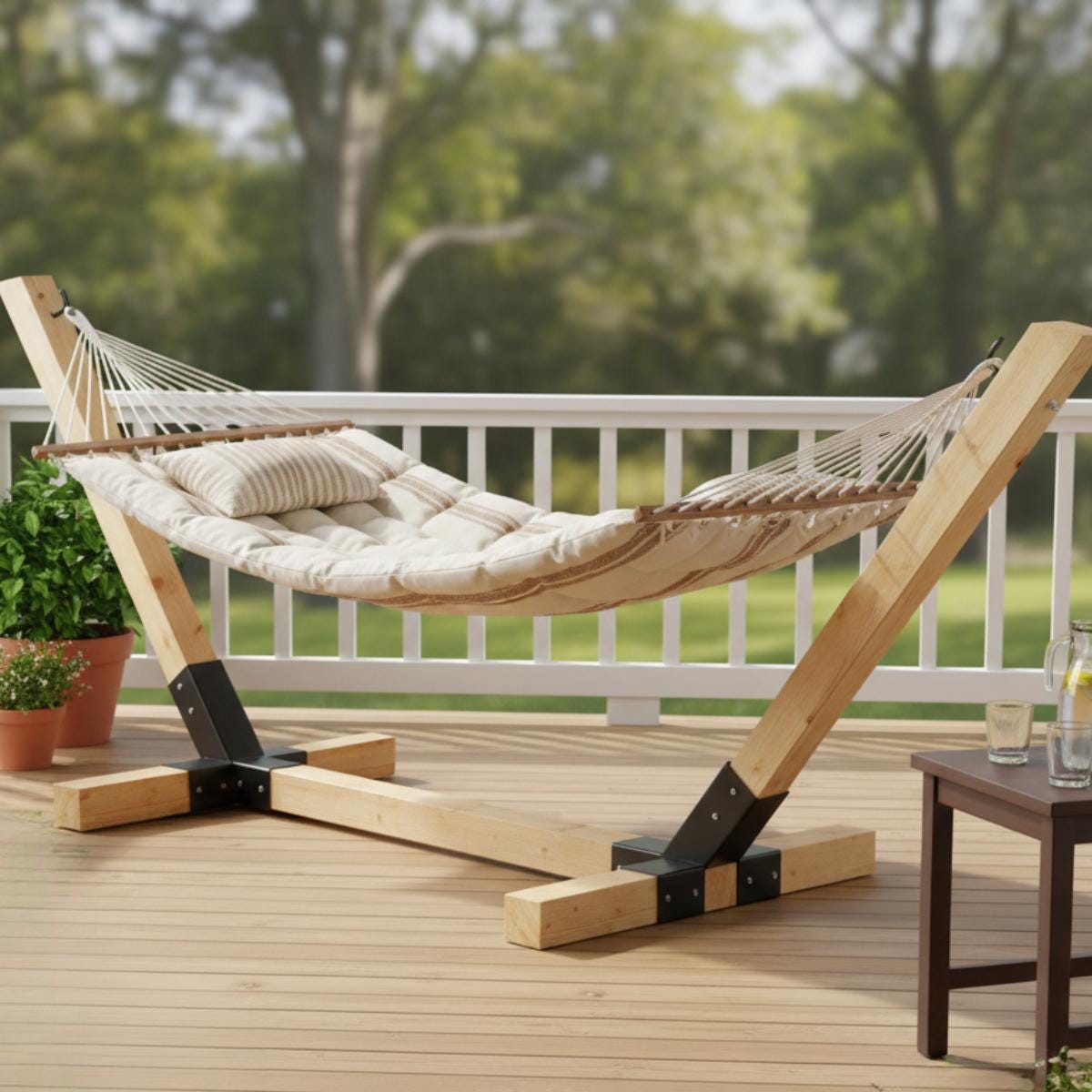 Wooden hammock stand used on outdoor patio for relaxation and lounging