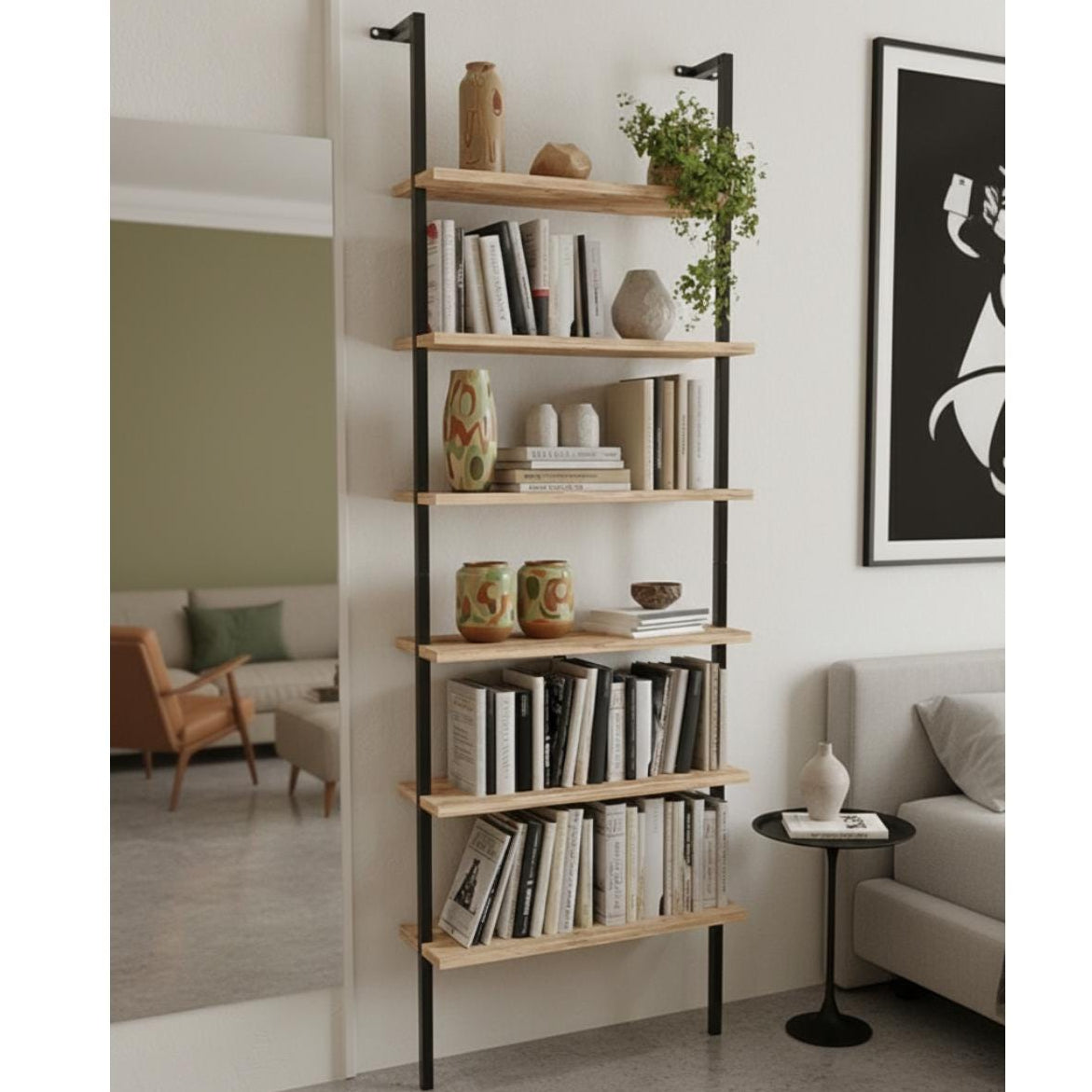 Wooden shelf wall mounted with black metal brackets modern storage
