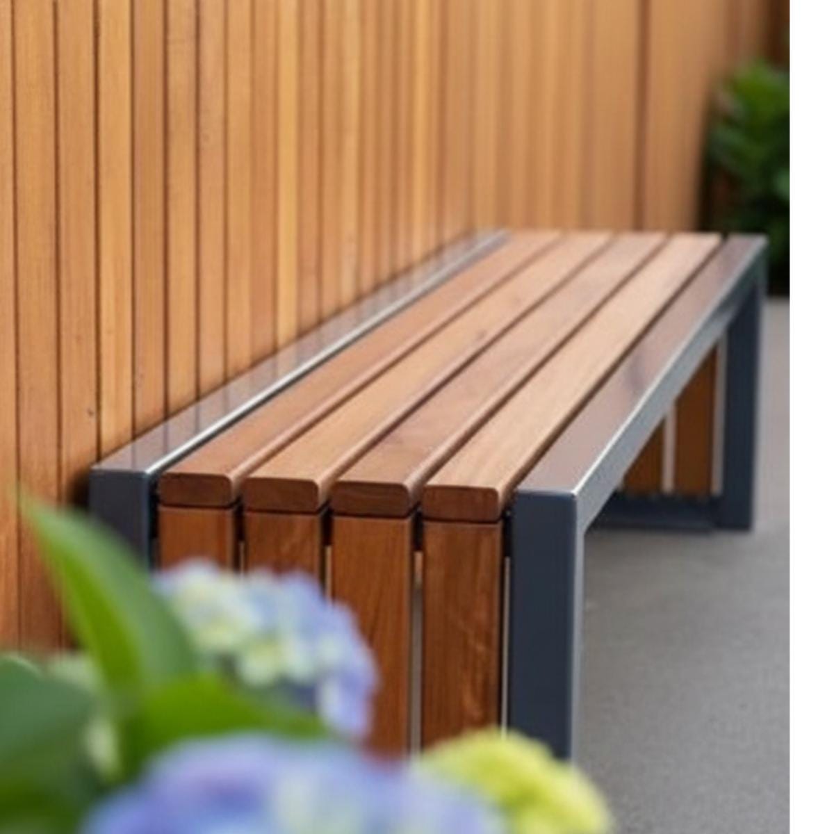 Wooden slat bench with metal frame placed on outdoor deck for seating